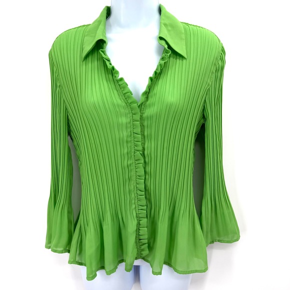 Allison Taylor Tops - Allison Taylor Womens Lime Green Pleated Ruffle Bell Sleeve Blouse Large